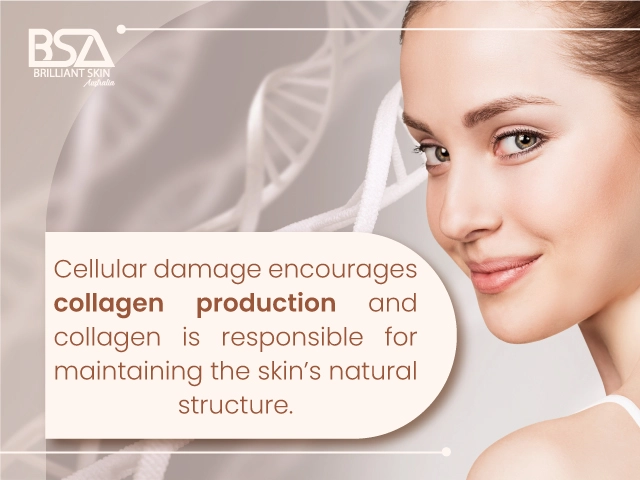 Woman smiling with DNA strand background, emphasizing that HIFU treatment boosts collagen production by encouraging cellular repair.