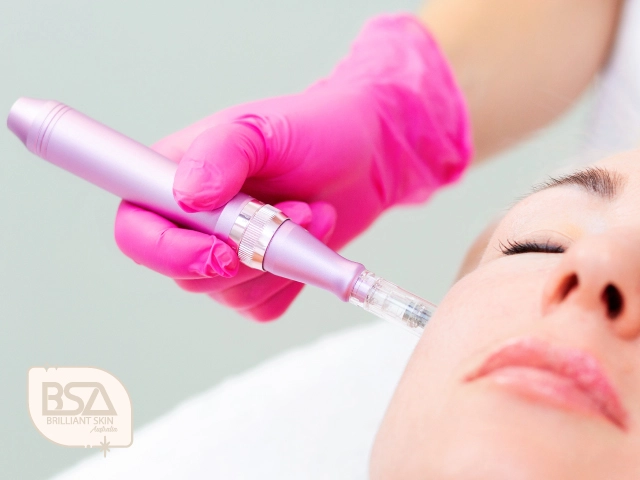Microneedling treatment being performed on cheek with pink gloves