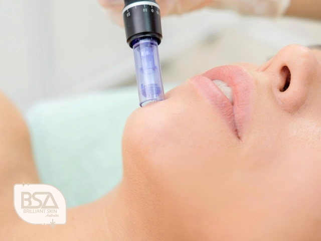 Microneedling pen with blue cartridge treating chin area