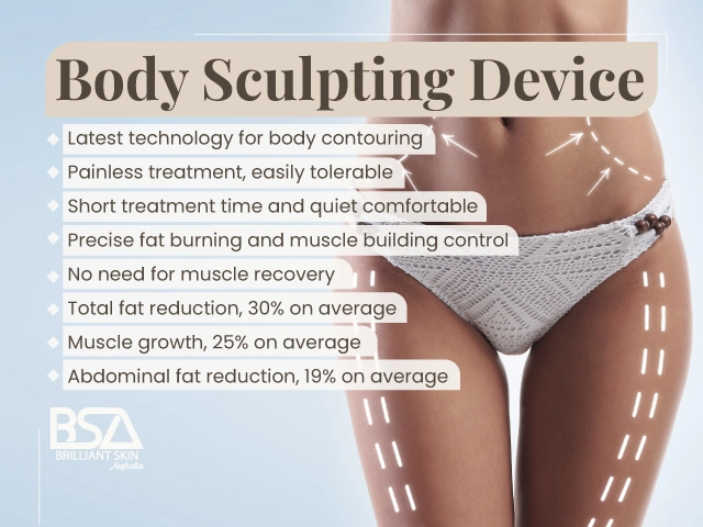 Body sculpting treatment being applied to abdomen with blue handheld device