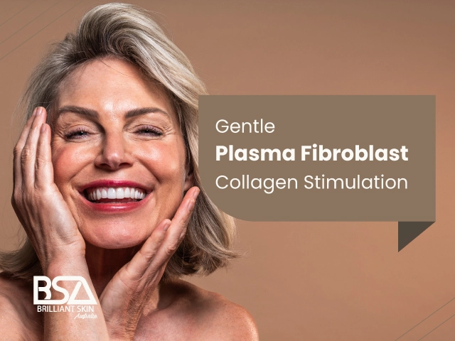 Model showcasing collagen stimulation benefits of plasma fibroblast treatment