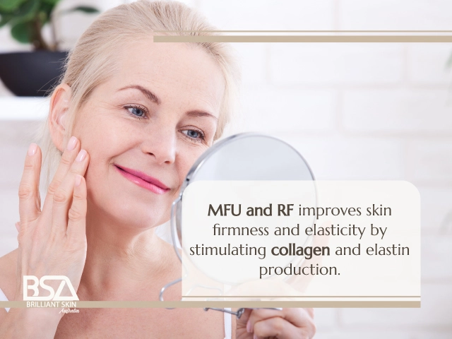 Woman looking in a mirror with text about MFU + RF improving skin firmness and elasticity by stimulating collagen and elastin
