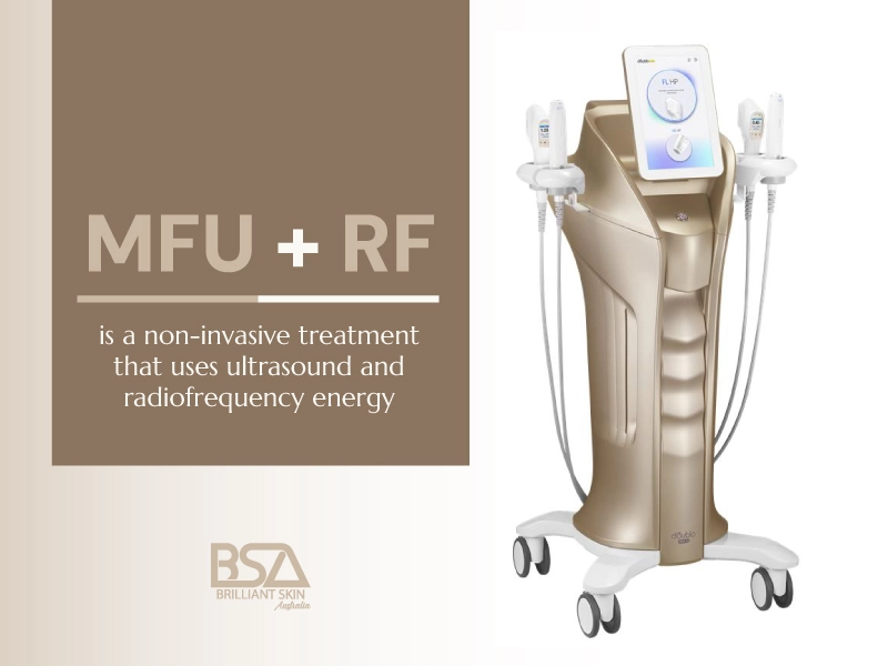 MFU + RF non-invasive treatment message next to a professional ultrasound and radiofrequency aesthetic device